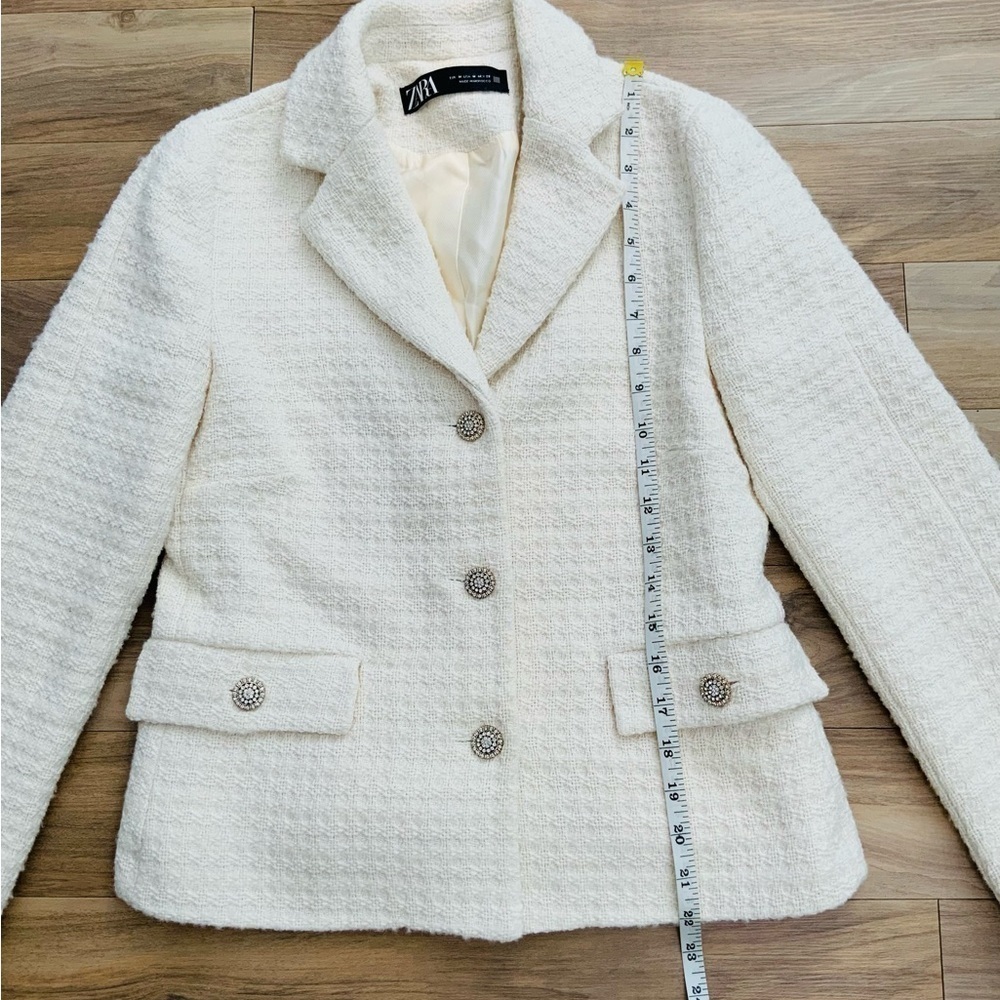 Zara Wool Blend Jewel/Gold Button Textured Blazer Ivory - Picture 11 of 12